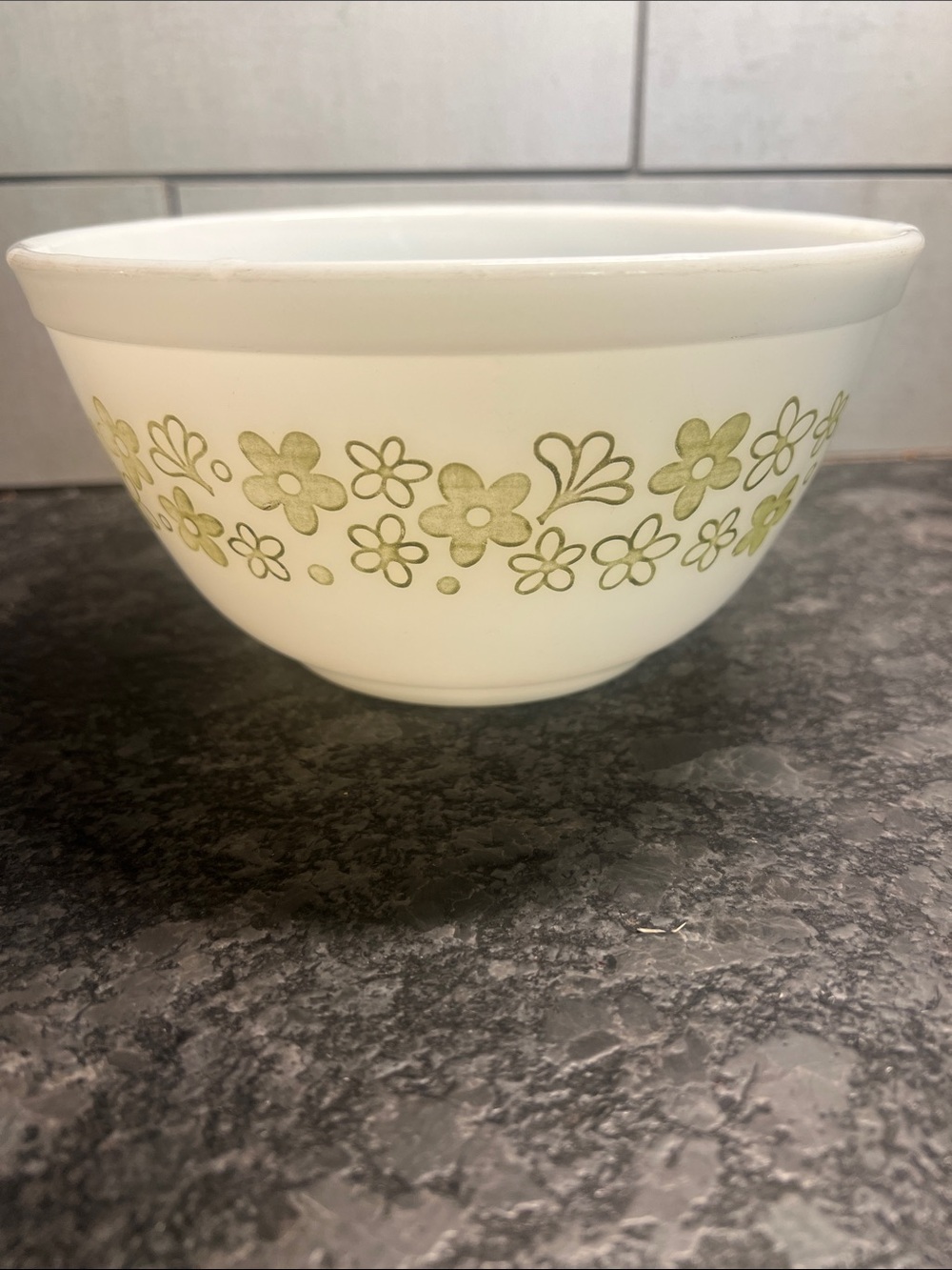 Vintage #402 Pyrex White Mixing Bowl with Olive Green Floral Band